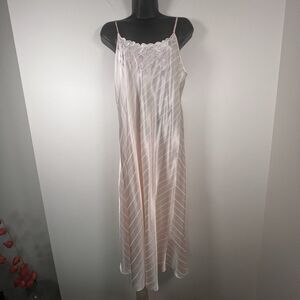 Natori Size Medium Pink Cream Striped Satin Slip Dress Nightgown